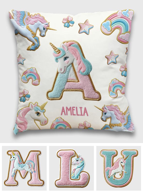 Coussin décoratif personnalisé pour enfant - Magnifique alphabet licorne