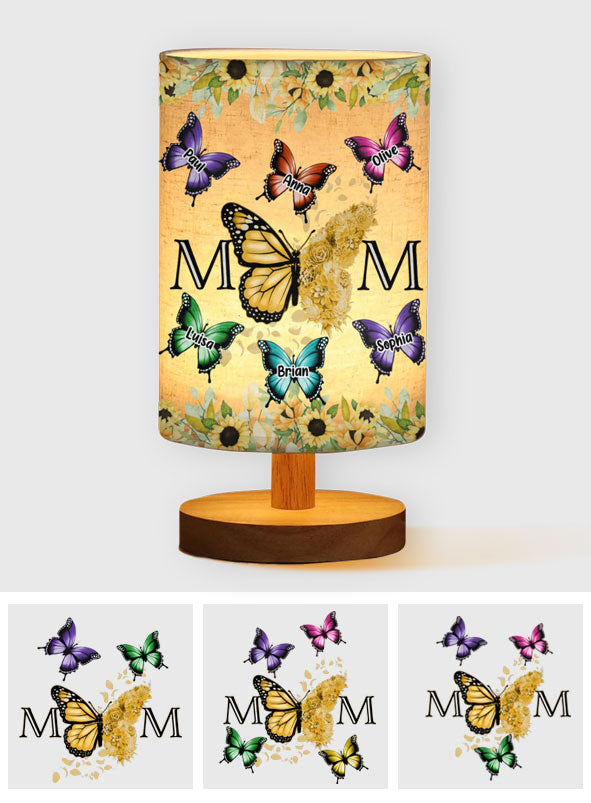 Floral Butterflies - Personalized Mother Tableside Lamp With Wood Base