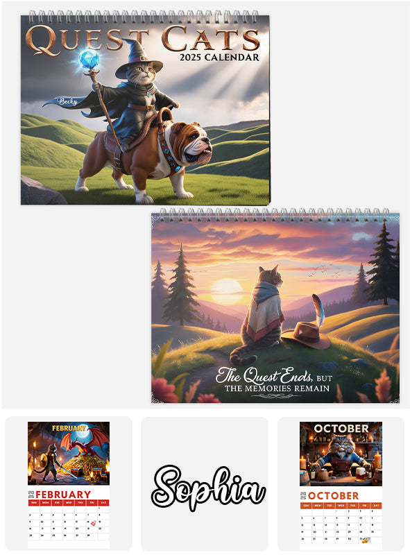 Quest Cat 2025 - Calendrier mural et de bureau personnalisé avec des chats