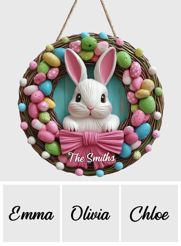 Couronne de Pâques avec lapin - Panneau en bois personnalisé pour la famille