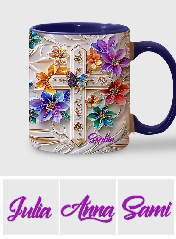 Mug chrétien personnalisé avec croix florale