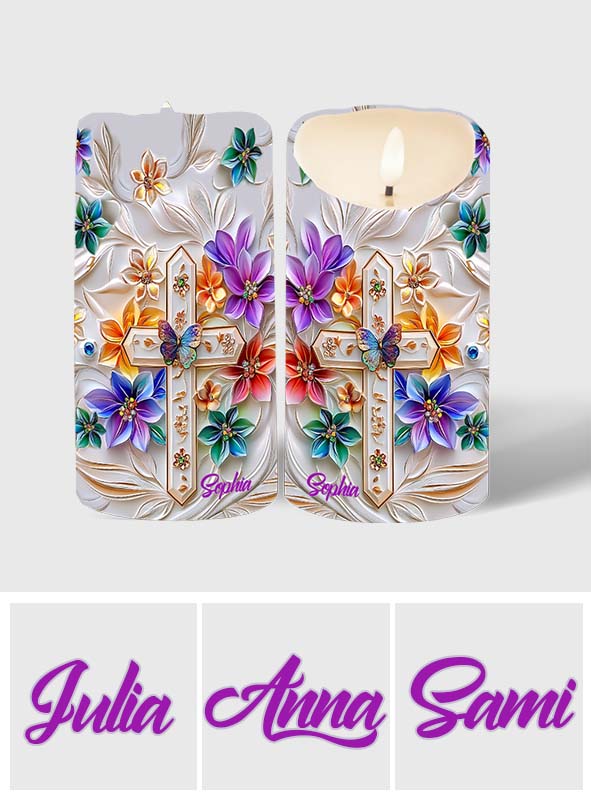 Floral Cross - Personalized Christian Flameless Candle