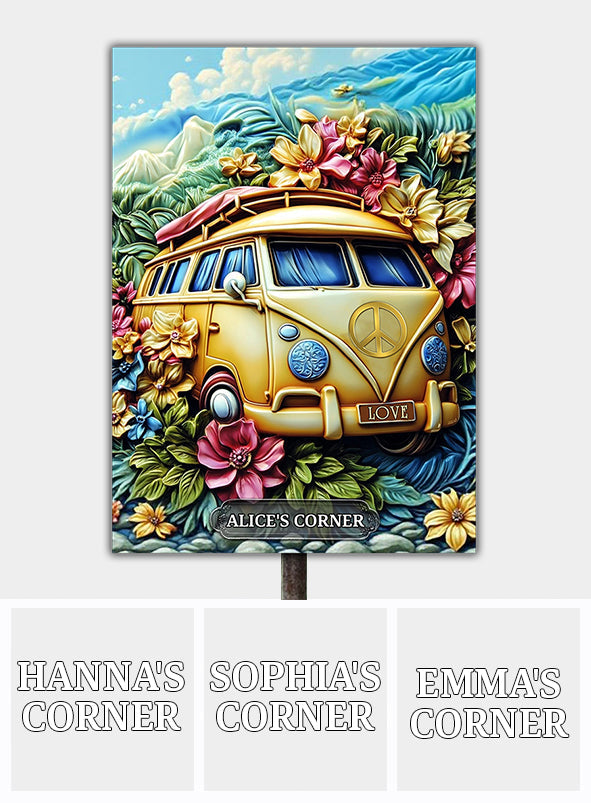 Panneau de paix floral en forme de camionnette - Panneau rectangulaire en métal personnalisé style hippie