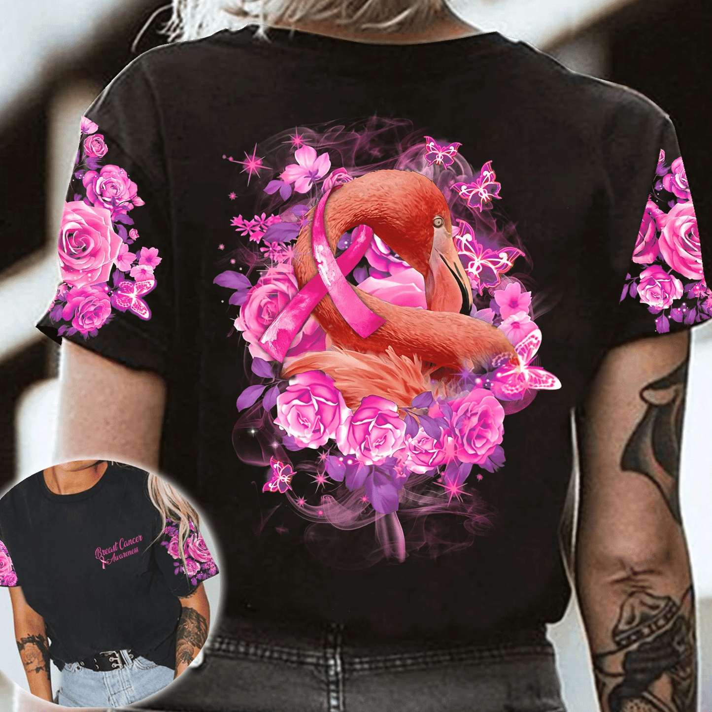 Sensibilisation au cancer du sein avec le flamant rose - T-shirt et sweat à capuche intégral pour la sensibilisation au cancer du sein 0822
