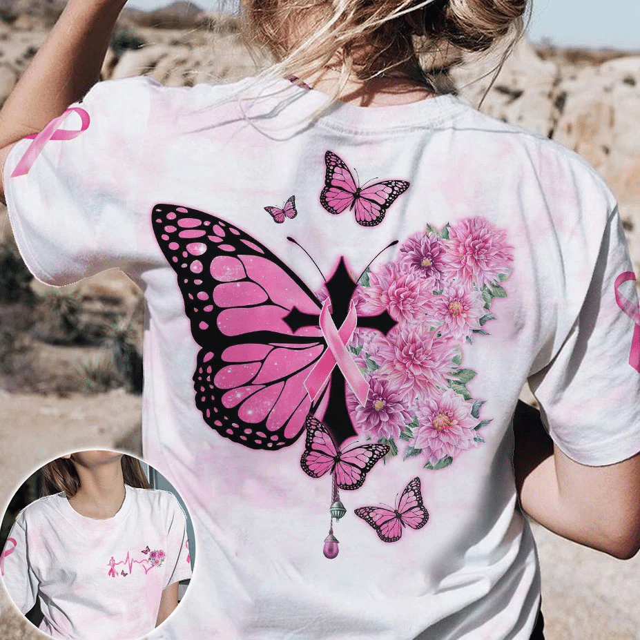 T-shirt et sweat à capuche « Croix papillon et ruban rose » – Sensibilisation au cancer du sein (0822)
