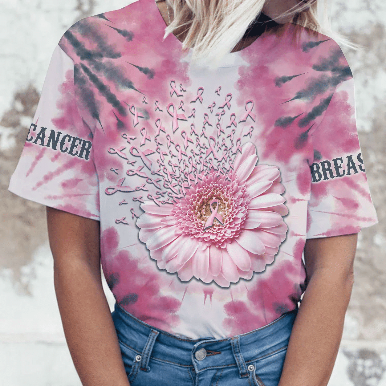 Rubans roses marguerite - T-shirt et sweat à capuche imprimés sur toute la surface pour la sensibilisation au cancer du sein 0822