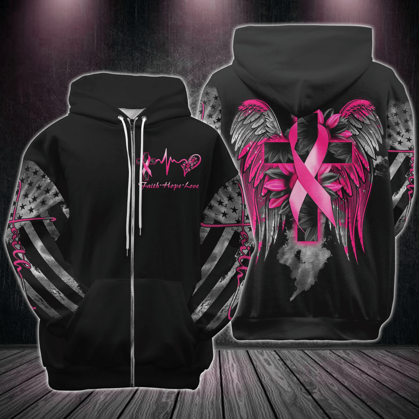 T-shirt et sweat à capuche « Sensibilisation au cancer du sein » avec tournesol et ailes croisées (réf. 0822)