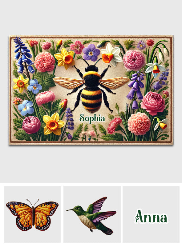 Paillasson de jardin personnalisé « Jardin fleuri avec abeille, papillon, colibri et libellule »