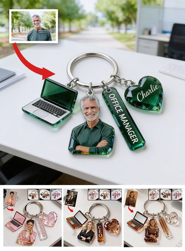 Personalized Adult Black Man Portrait Keychain, Custom Office Colleague Appreciation Gift With Themed Charms
