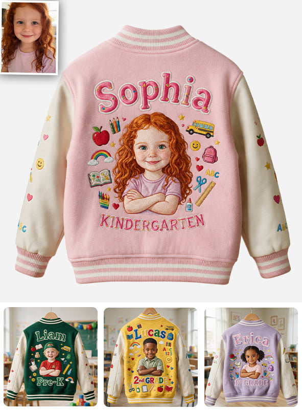 Personalized Little Boy Back To School Varsity Jacket Custom Photo, Name & Grade Embroidered Kids School Gift