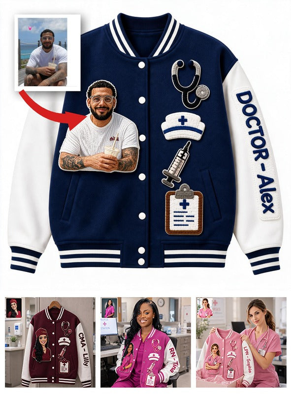 Personalized Male Doctor Varsity Jacket Custom Photo Print Appreciation Gift for Black Doctor