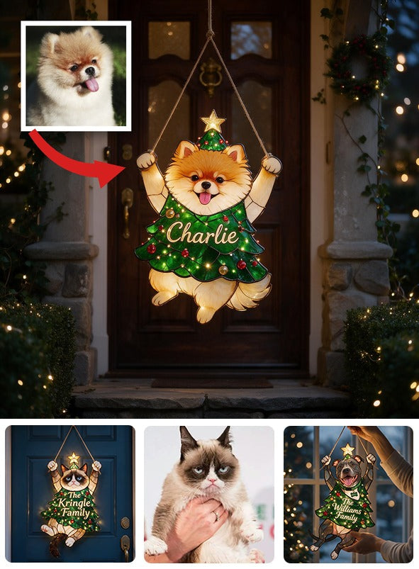 Personalized Fluffy Pomeranian Christmas Tree LED Acrylic Sign, Dog Lover Holiday Home Decor Gift