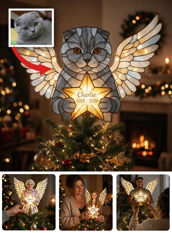 Personalized Grey British Shorthair Angel Cat Memorial LED Christmas Tree Topper Holiday Remembrance Gift