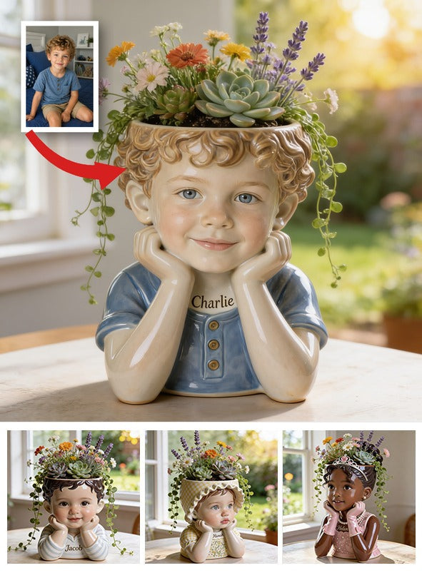 Personalized Curly Haired Little Boy 5 year old Acrylic Planter Pot Custom Child Portrait Home Decor Keepsake Gift