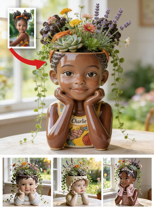 Personalized Custom Child Portrait Acrylic Planter Pot, Custom Name 5 Year Old Black Kid Face Vase for Home Decor and Thoughtful Gifting