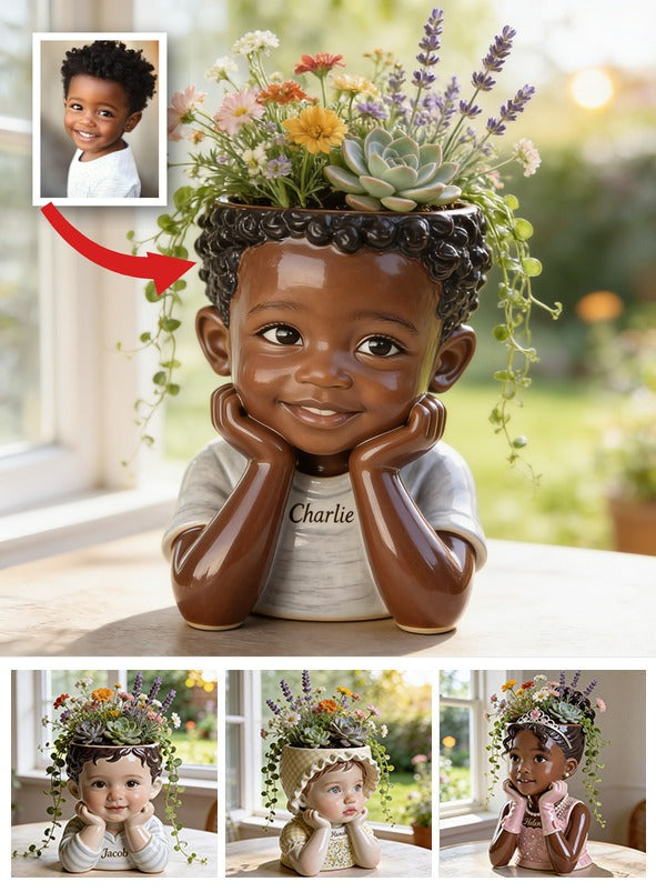 Personalized Custom Child Head Acrylic Planter Pot | Custom Name Cute Black Boy Kid Flower Pot for Home Decor & Gift Giving