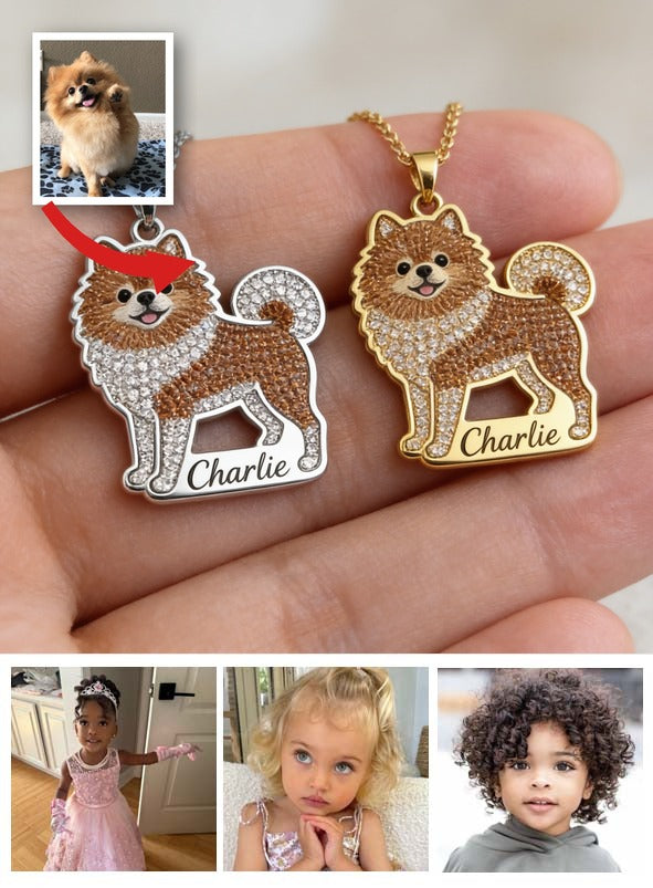 Personalized Fluffy Brown Pomeranian Metal Pendant Necklace, Custom Engraved Pet Name Gift for Pomeranian Owners