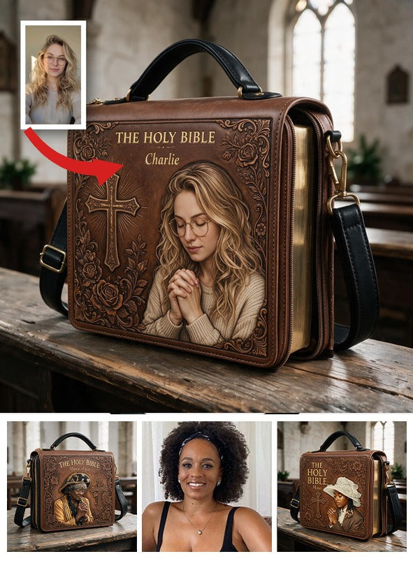 Housse de Bible en Cuir avec Photo Personnalisée Femme Jeune en Prière