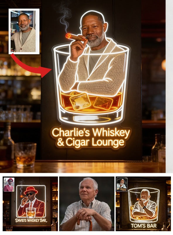 Personalized Whiskey & Cigar Lounge LED Acrylic Sign Home Bar Decor Gift For Older Black Men
