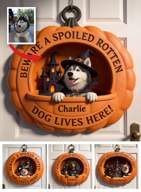 Panneau en Bois Personnalisé Halloween Husky Sibérien aux Yeux Bleus