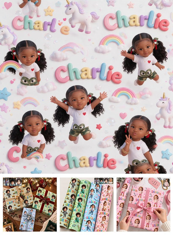 Personalized Black Little Girl Wrapping Paper - Gift for Daughter Granddaughter Niece