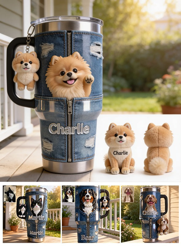 Personalized Fluffy Golden Tan Pomeranian Tumbler With Plush Charm Pet Lover Gift
