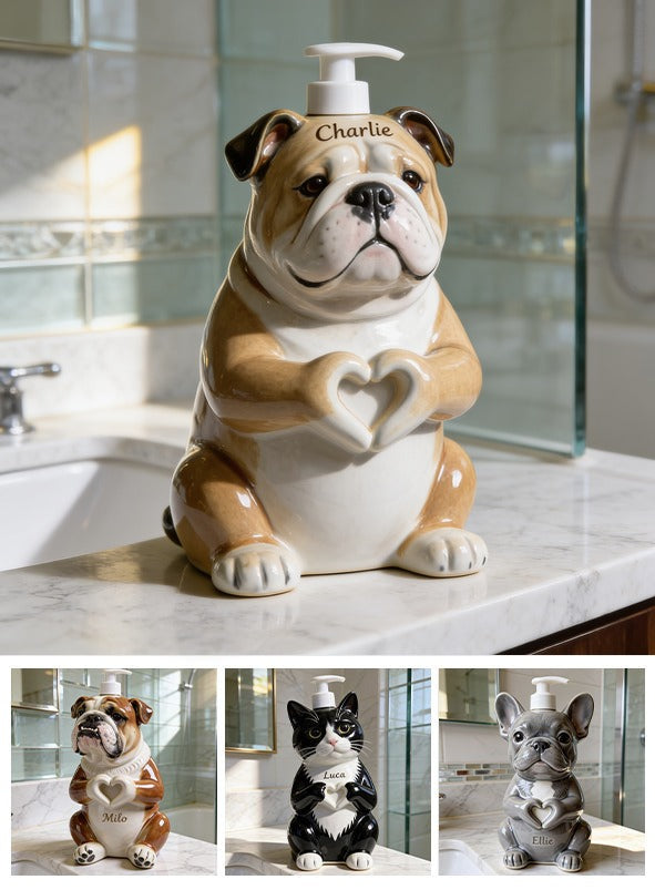 Personalized Fawn White Adult Bulldog Soap Dispenser Pet Bathroom Decor
