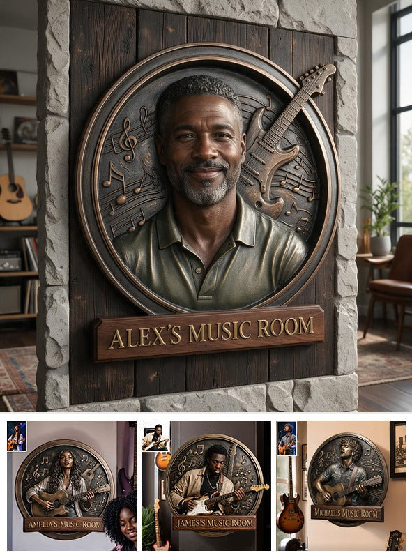 Custom Photo Middle-Aged Black Man Music Room 3D Cut Metal Sign Gift for Dad Husband