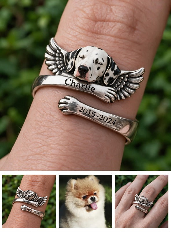 Personalized Black and White Spotted Dalmatian Memorial Adjustable Ring Pet Keepsake