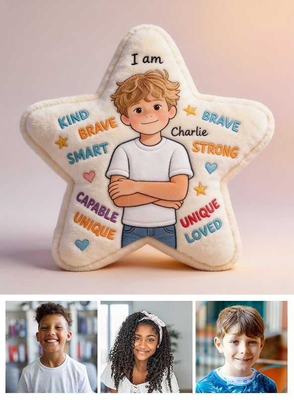 Personalized Little Boy Affirmation Star Faux Fur Pillow Kid Gift