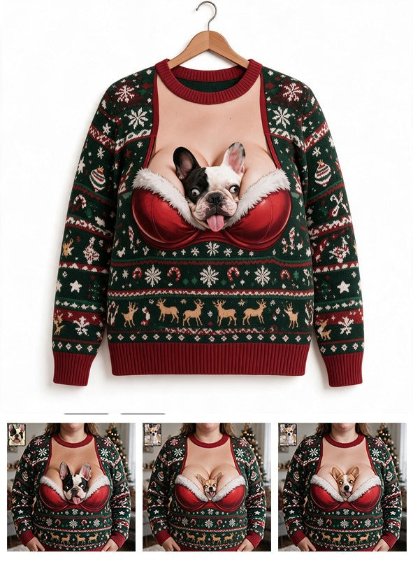 Custom Photo Christmas Black and White French Bulldog Ugly Sweater
