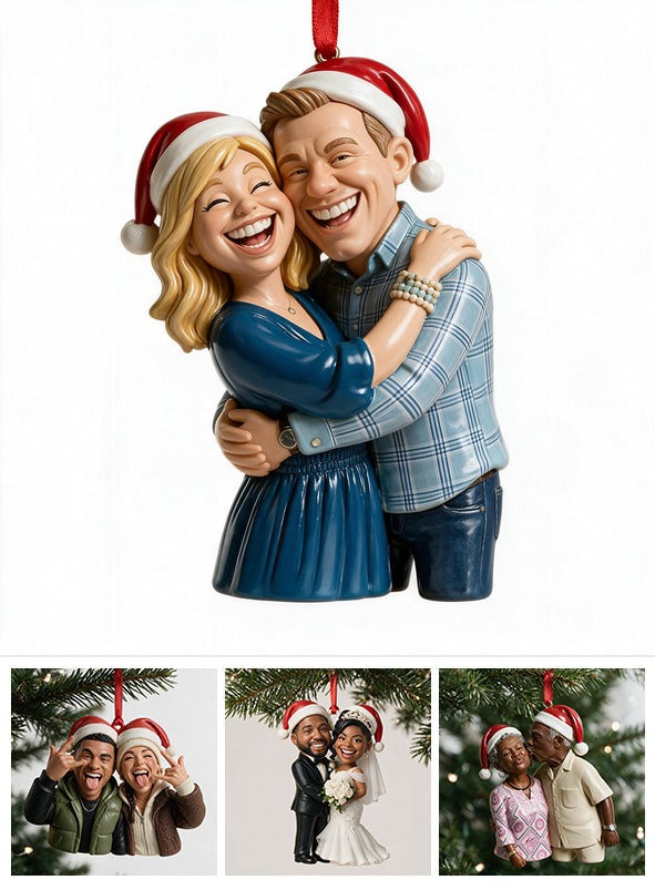 Custom Photo Christmas Middle-Aged Couple Caricature Ornament, Husband Wife Keepsake Gift