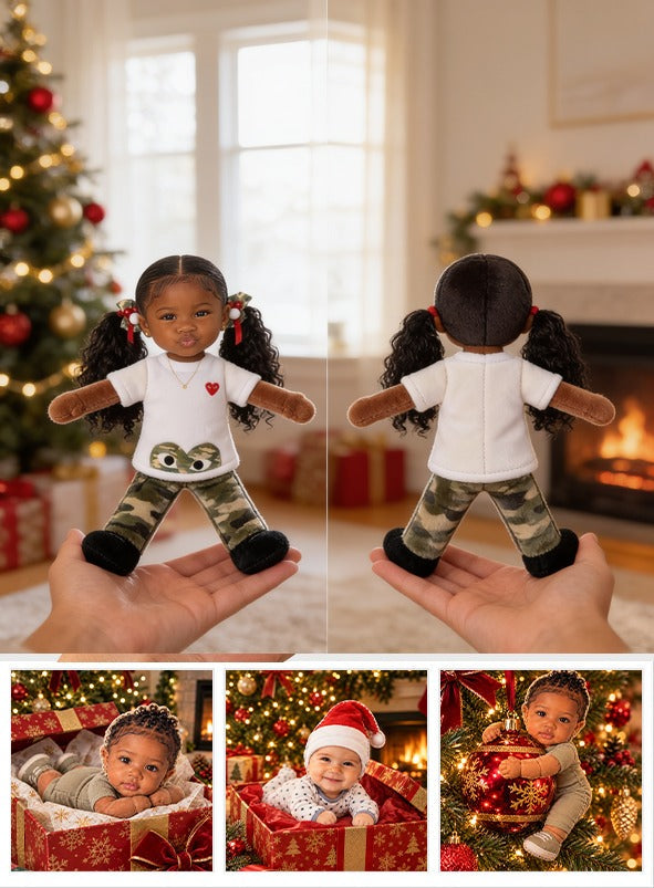 Custom Photo Black Little Girl Posable Plush Doll Gift for Daughter Granddaughter Niece
