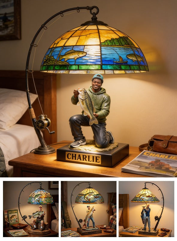 Personalized Black Fisherman Acrylic LED Night Light Fishing Lover Gift