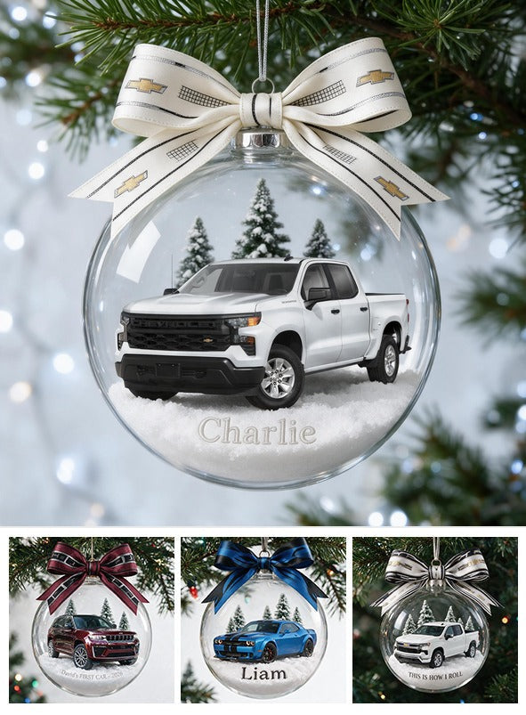 Personalized Christmas White Chevrolet Silverado Pickup Truck Snow Globe Ornament