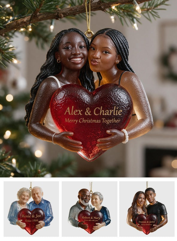 Personalized Christmas Black Lesbian Couple Glass Ornament LGBT Couple Keepsake