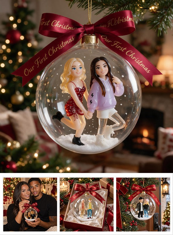 Personalized Christmas Lesbian Couple Snow Globe Ornament LGBT Holiday Tree Decor
