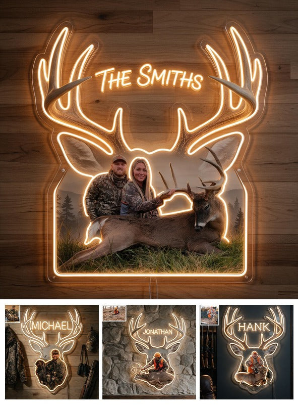 Personalized Custom Photo Hunting Couple with Deer Neon LED Light Sign Cabin Decor