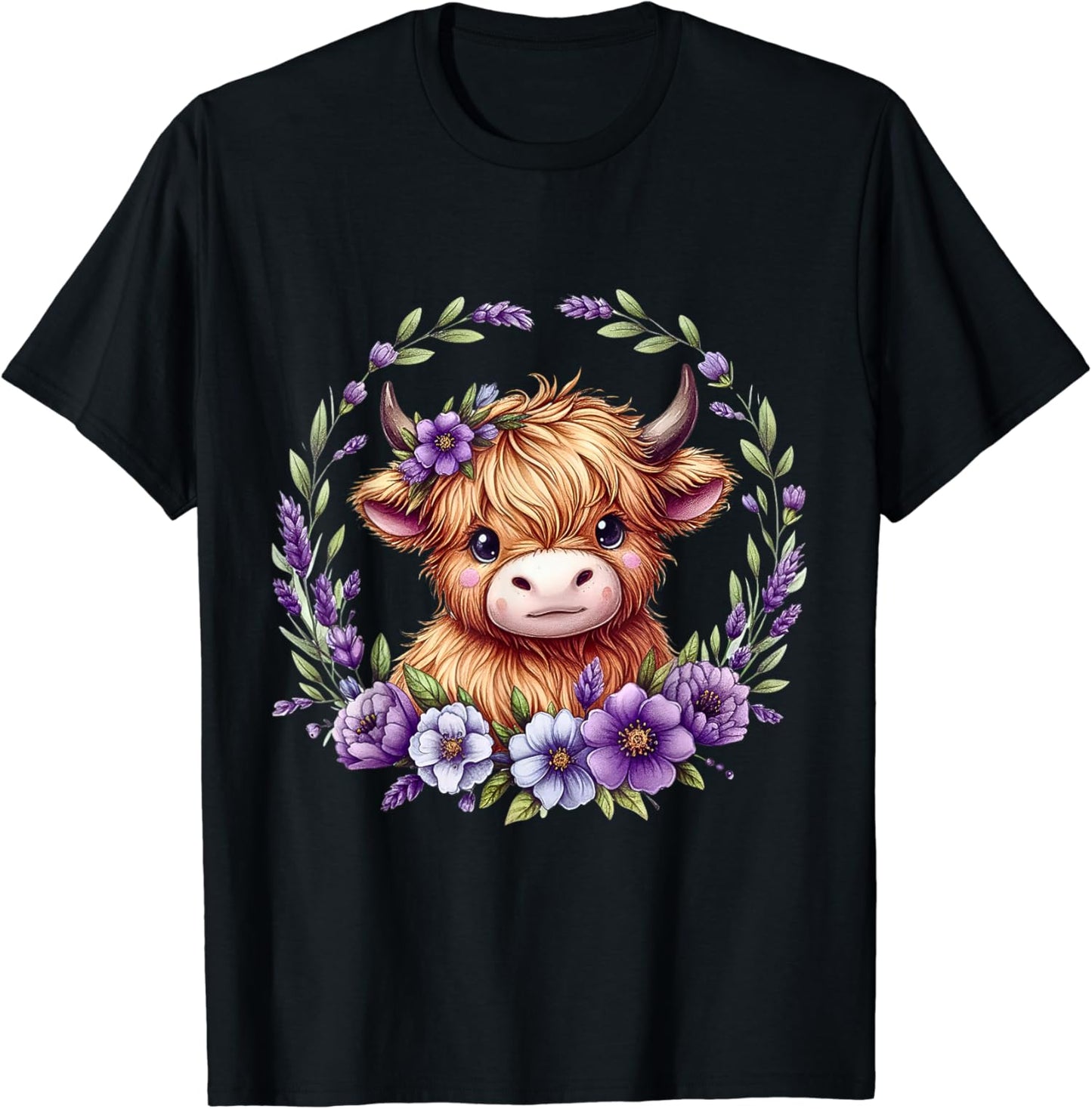 T-shirt et sweat à capuche « Bébé vache des Highlands avec fleurs violettes » 0624