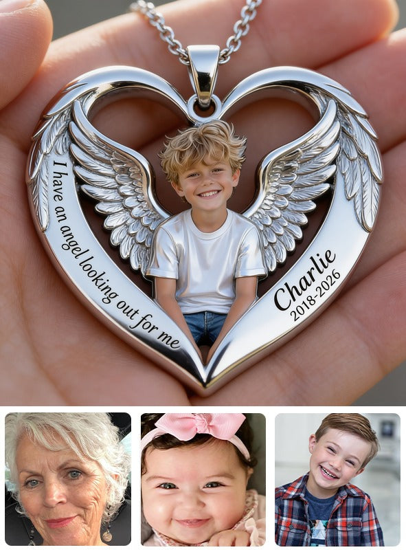 Personalized Little Boy Memorial Angel Wing Heart Pendant Necklace