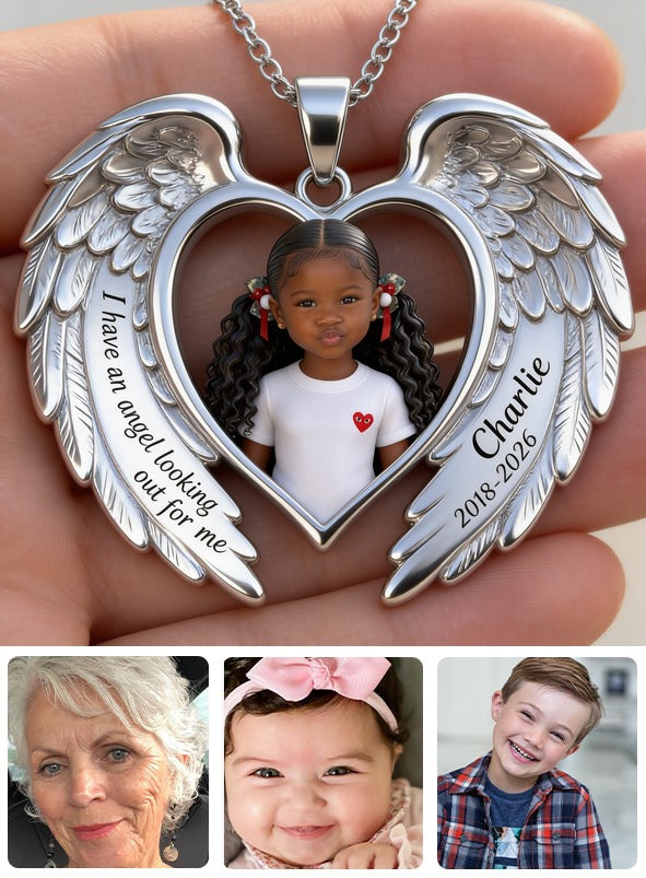 Personalized Black Little Girl Memorial Angel Wing Pendant Necklace Keepsake
