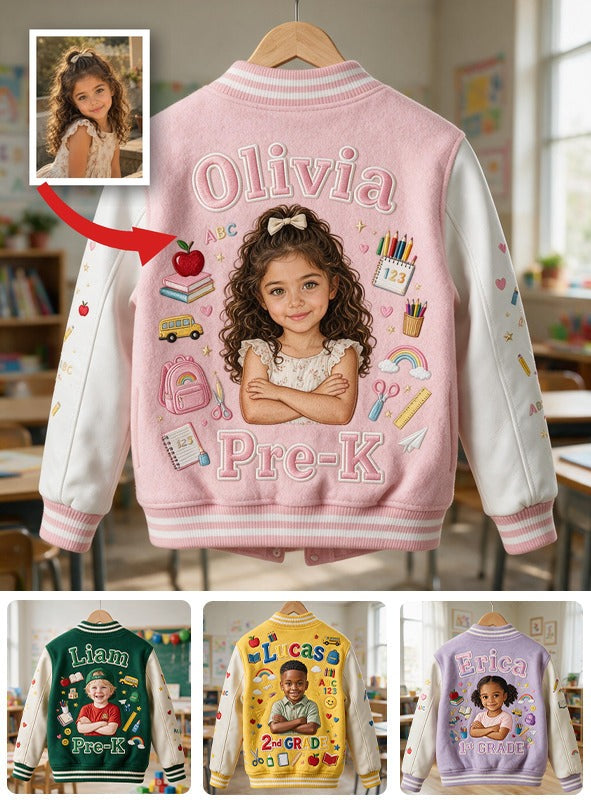 Custom Photo Latina Girl Pre-K Varsity Jacket Personalized Back To School Kid Gift Cute Pink Embroidered School Outerwear