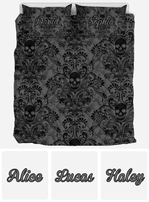 Crâne floral noir et gris - Ensemble de courtepointe personnalisé à motif crâne