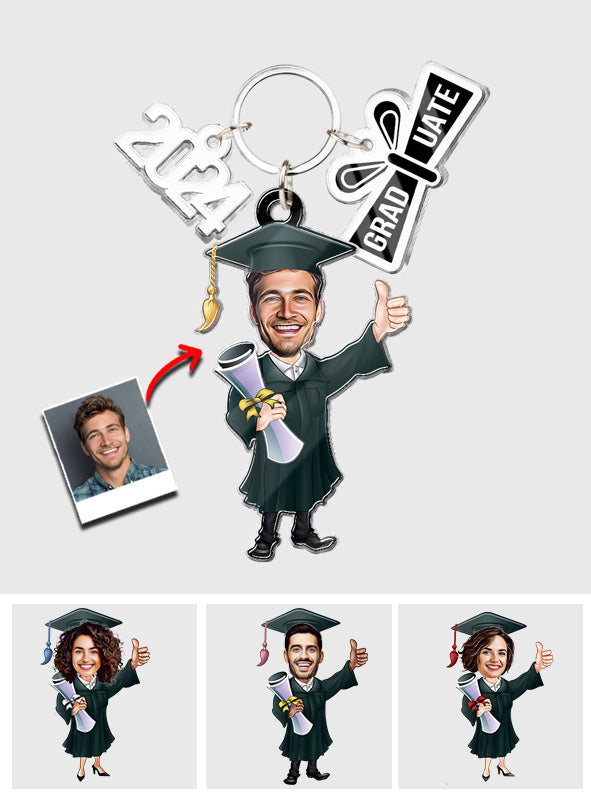 Funny Graduate Caricature - Personalized Graduation Keychain with Charms