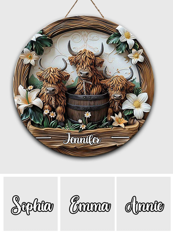 J'adore les vaches des Highlands - Panneau rond en bois personnalisé