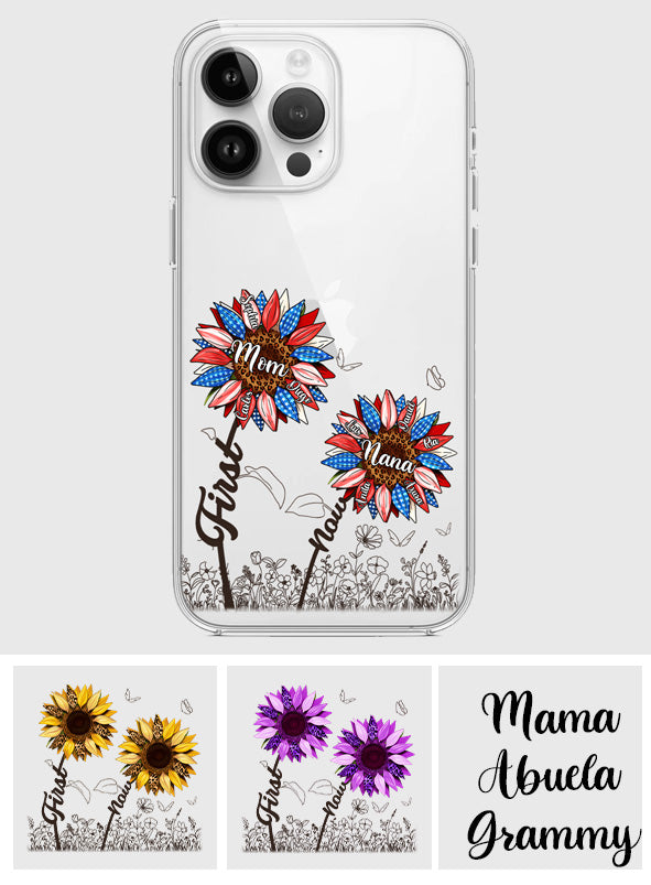 Première maman, maintenant grand-mère - Version Tournesol - Coque de téléphone transparente personnalisée pour grand-mère