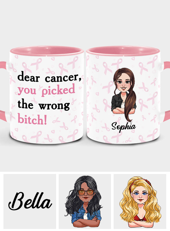 Dear Cancer You Picked The Wrong Bitch - Personalized Breast Cancer Awareness Heart Handle Mug