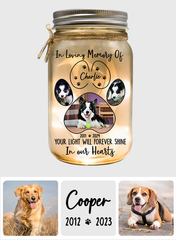 Your Light Will Forever Shine In Our Hearts - Personalized Dog Mason Jar Light