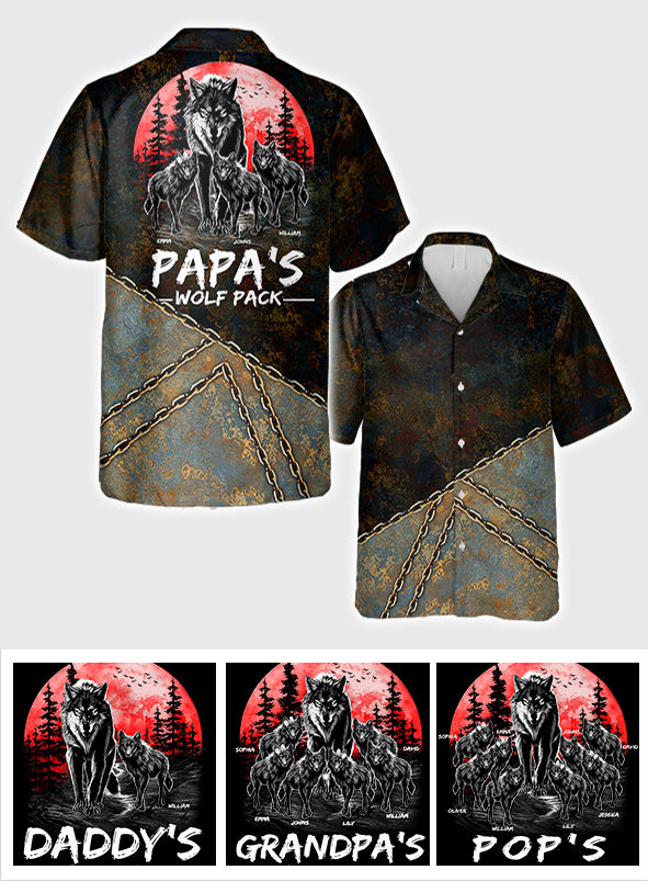 Grandpa's Wolf Pack Red Full Moon - Personalized Grandpa Hawaiian Shirt