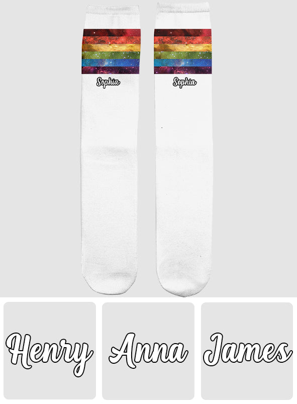 Chaussettes personnalisées de soutien LGBT « Pride Rainbow Galaxy »